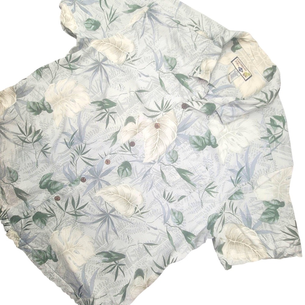 Caribbean Joe Mens 2XL Tropical Leaf Button Down Shirt Rayon Tan Grey Green